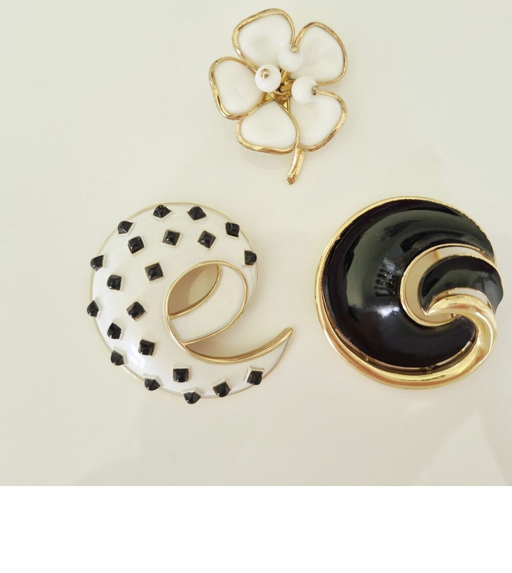 Vintage MCM Crown Trifari Black and White Brooch Lot of 3